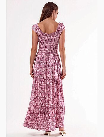 Vestido comprido com estampado paisley e gola quadrada busem