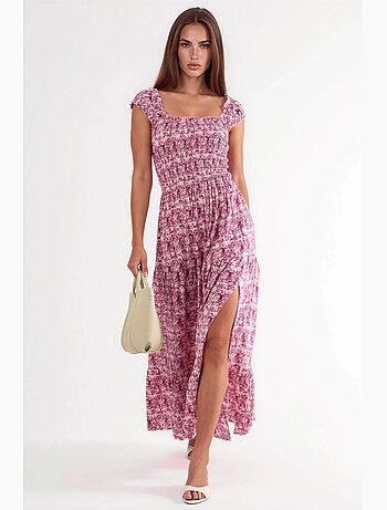 Vestido comprido com estampado paisley e gola quadrada busem