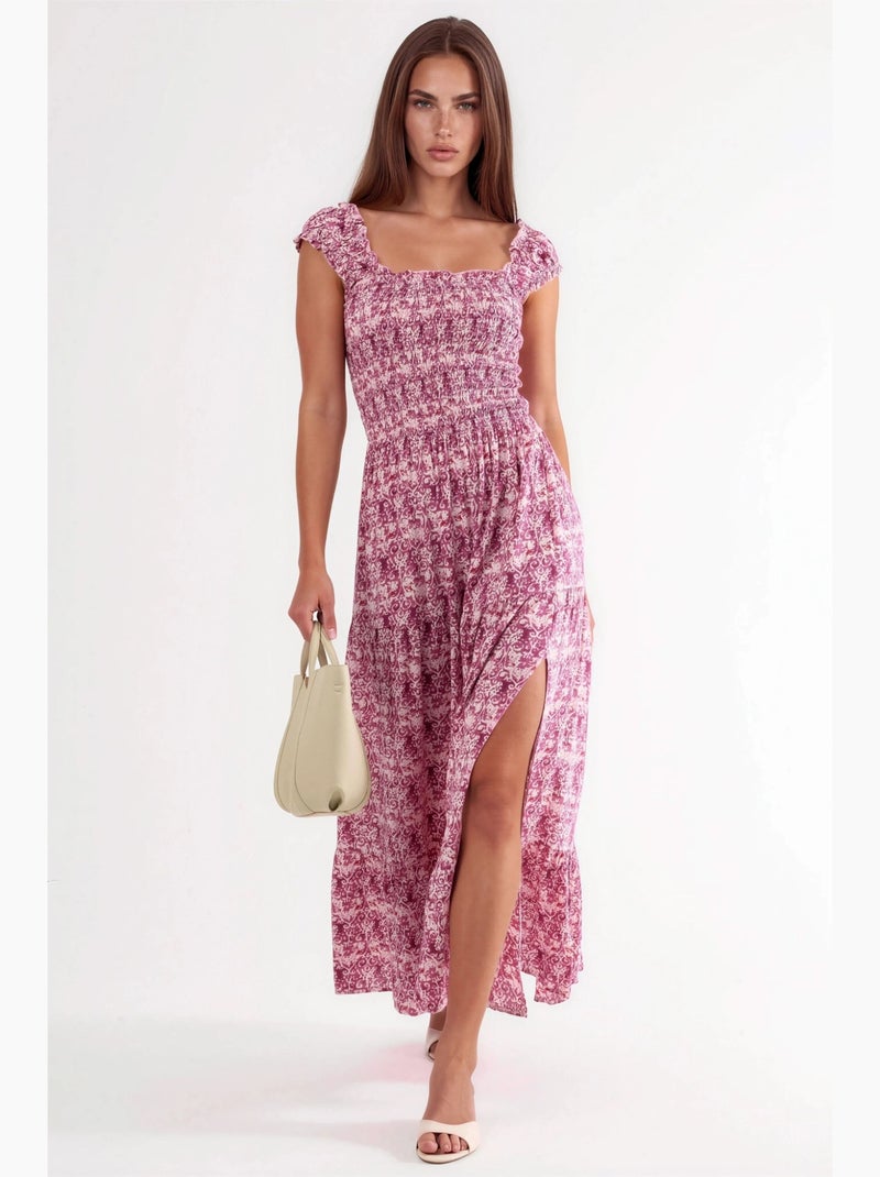 Vestido comprido com estampado paisley e gola quadrada busem Rosa-pálido - Kiabi