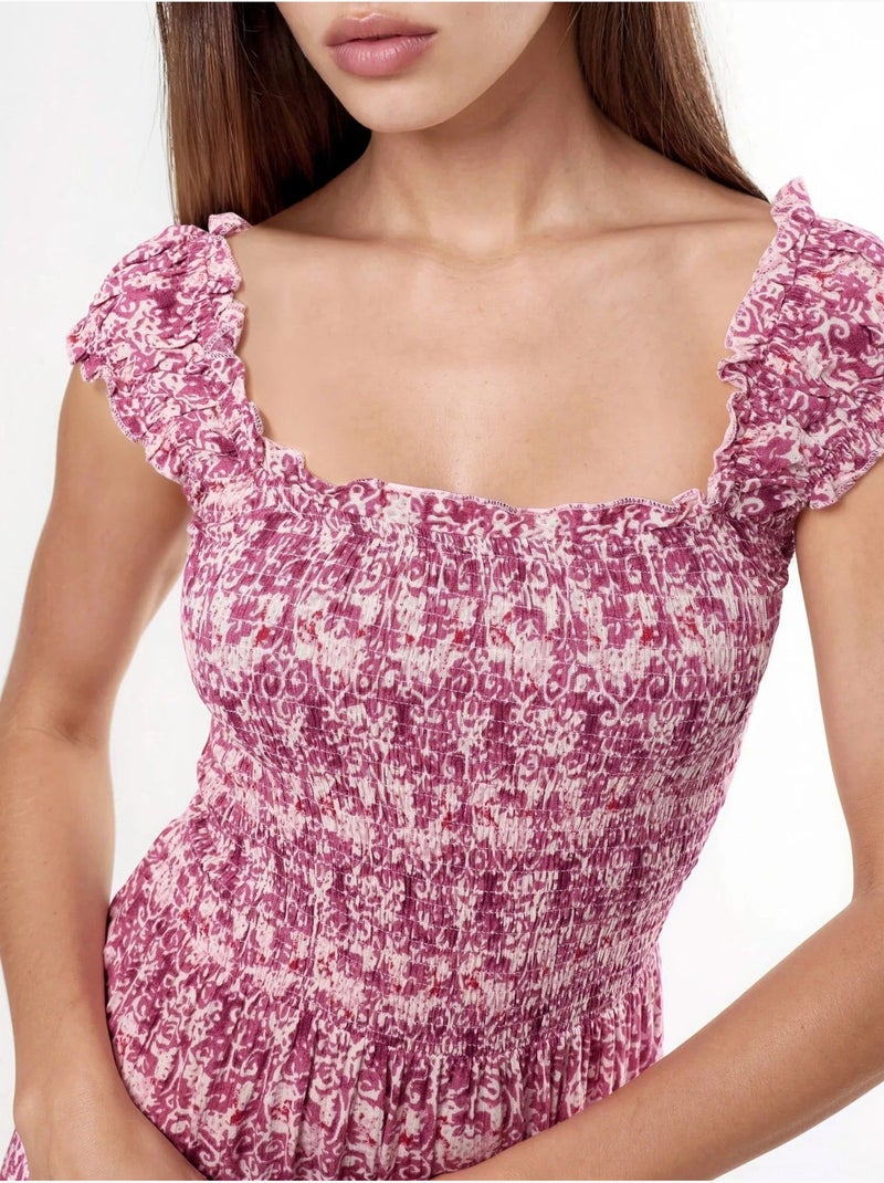 Vestido comprido com estampado paisley e gola quadrada busem Rosa-pálido - Kiabi
