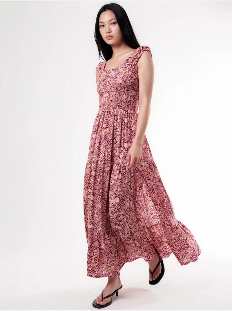Vestido comprido com estampado paisley e gola quadrada busem Vermelho bordô - Kiabi