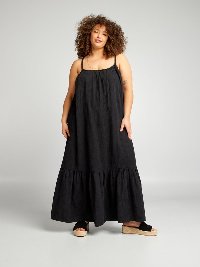 Vestido comprido com folhos com alças entrançadas Preto - Kiabi