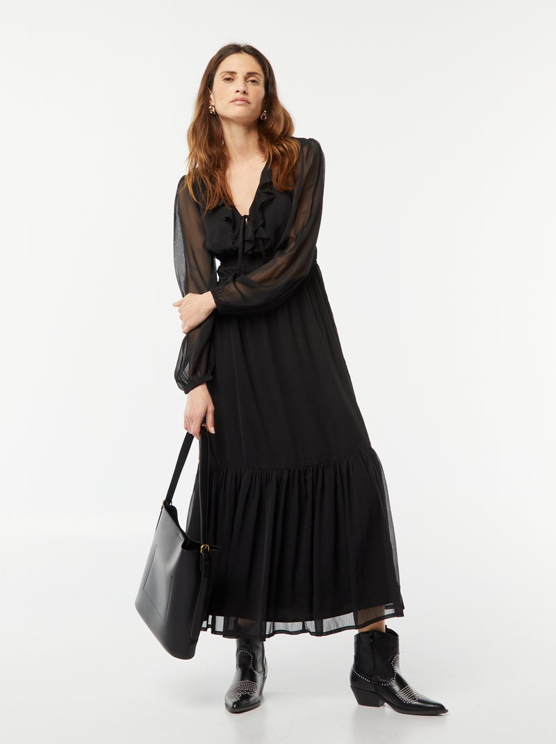 Vestido comprido com folhos Preto - Kiabi