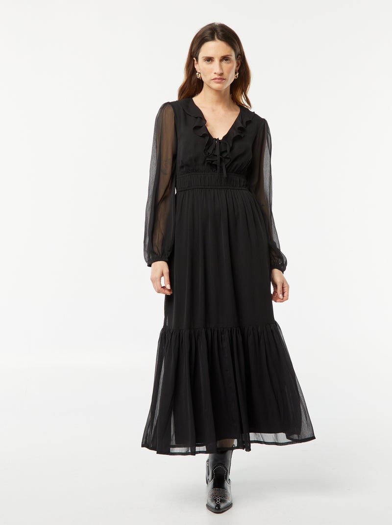 Vestido comprido com folhos Preto - Kiabi