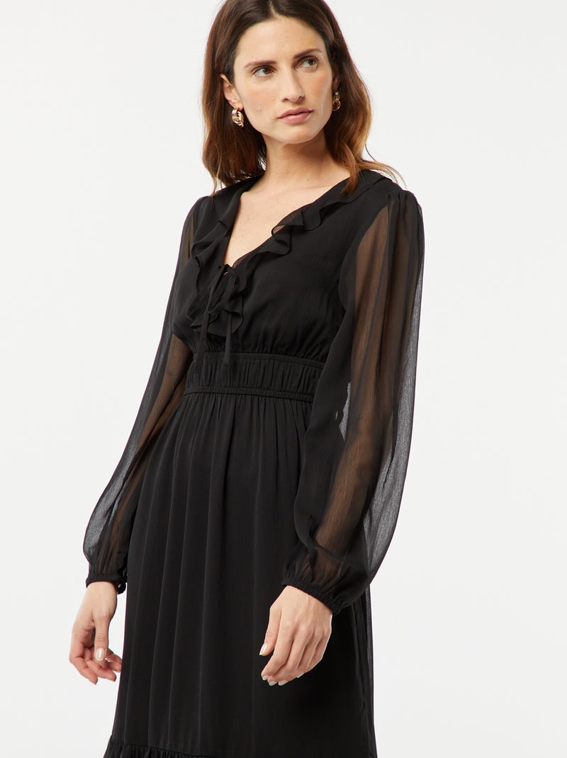 Vestido comprido com folhos Preto - Kiabi