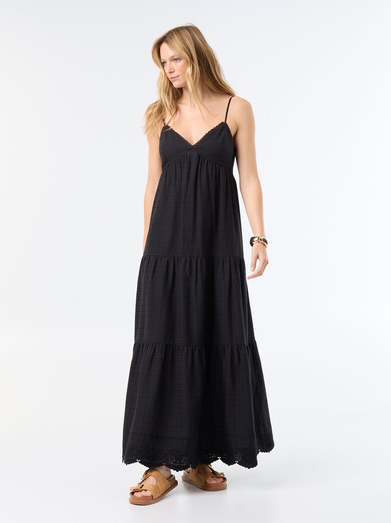 Vestido comprido com folhos Preto - Kiabi