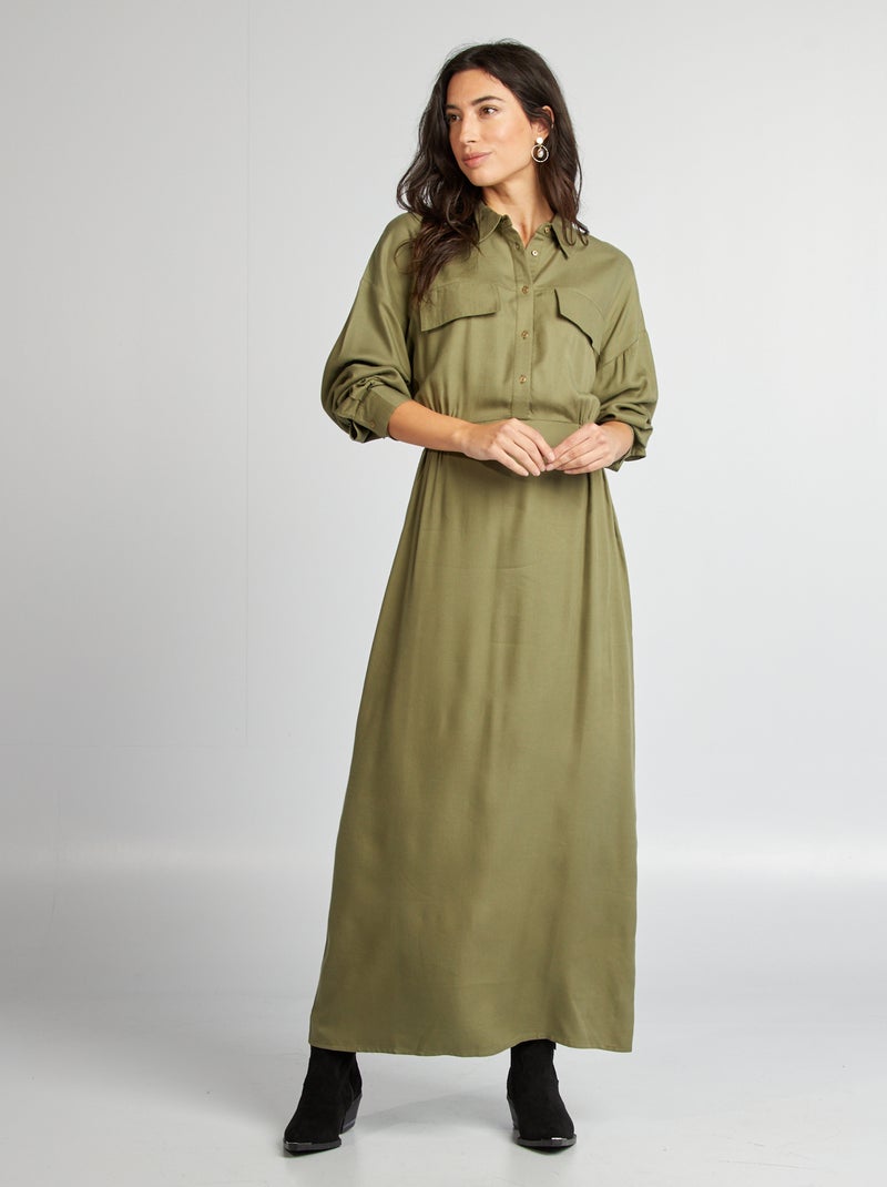 Vestido comprido com motivo com colarinho de camisa CAQUI - Kiabi