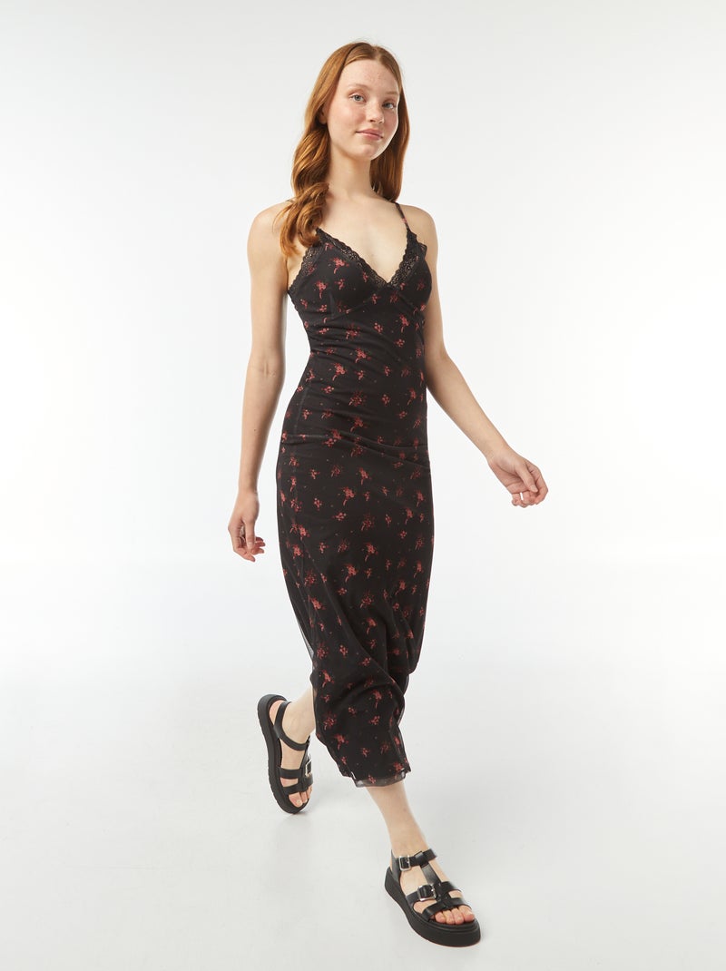 Vestido comprido com pormenores de renda e motivo Preto - Kiabi