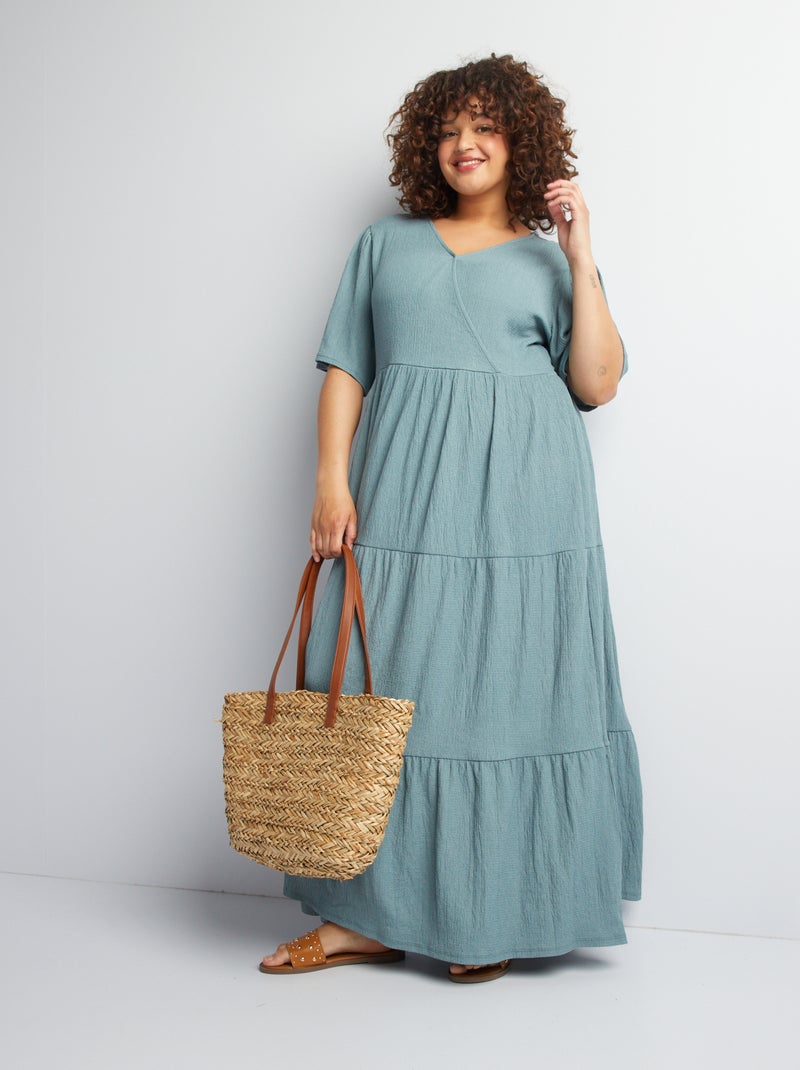 Vestido comprido cruzado em malha gofrada AZUL - Kiabi