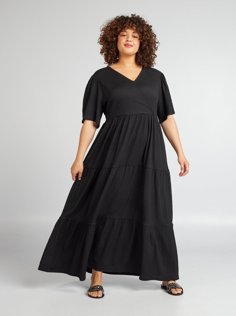 Vestido comprido cruzado em malha gofrada Preto - Kiabi