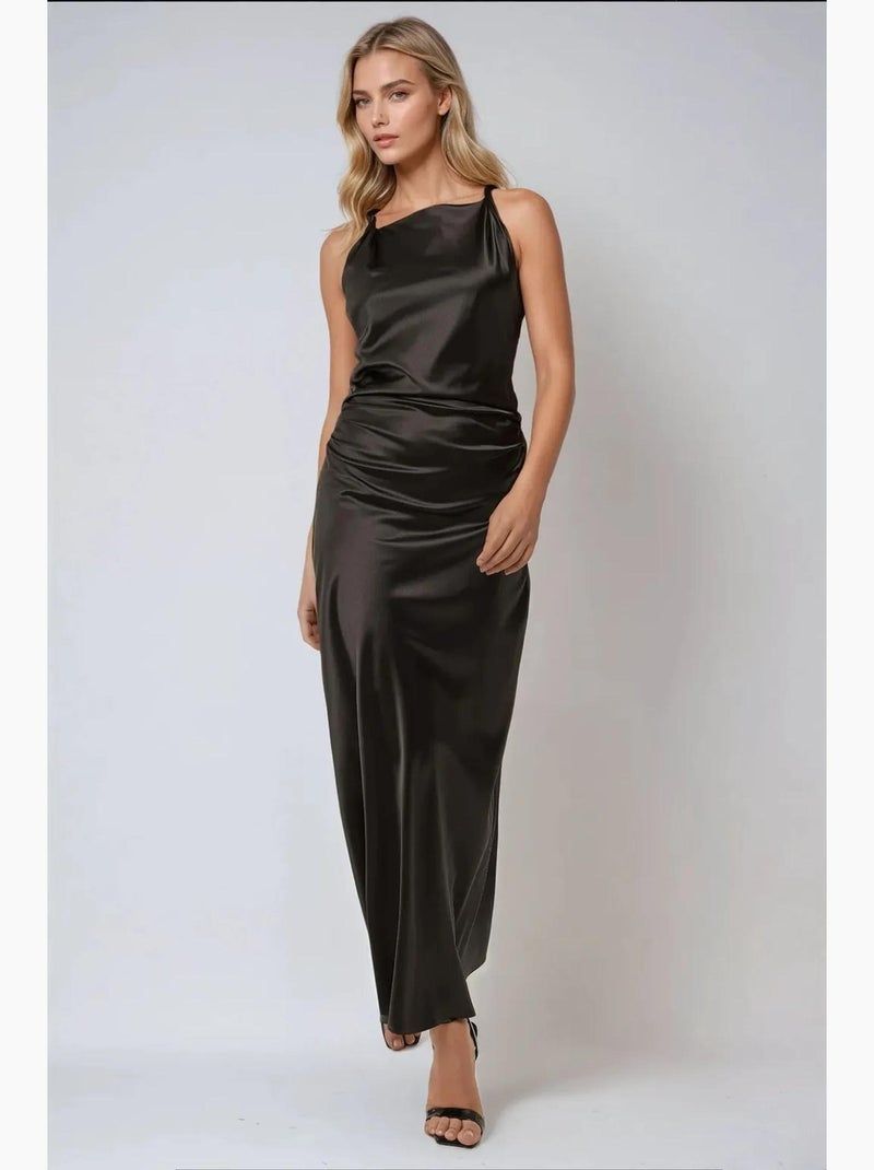 Vestido comprido de cetim hiccup Preto - Kiabi