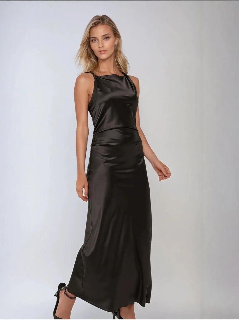 Vestido comprido de cetim Preto - Kiabi