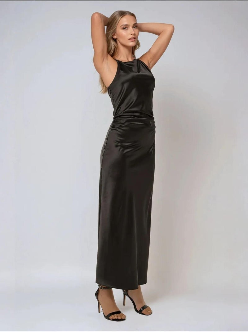 Vestido comprido de cetim Preto - Kiabi