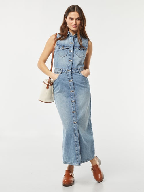 Vestido comprido de ganga sem mangas com vários bolsos - Kiabi