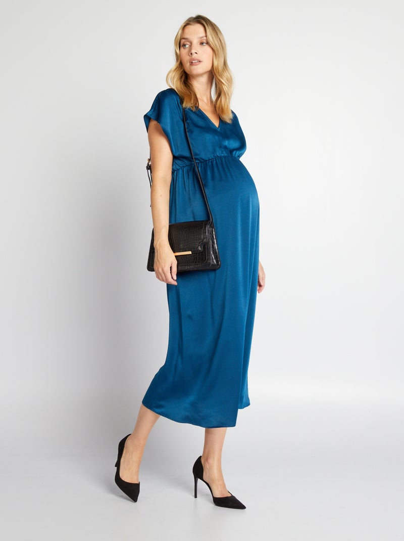 Vestido comprido de grávida acetinado AZUL - Kiabi