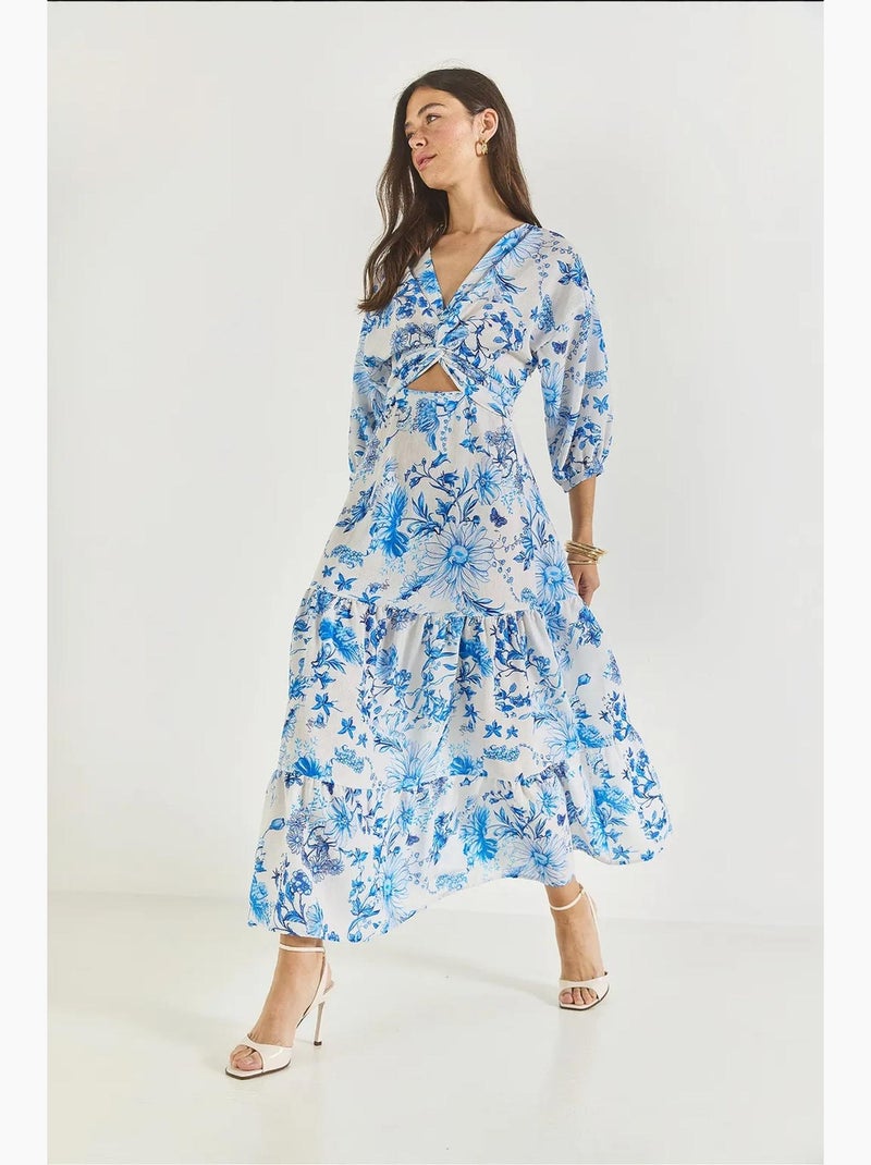Vestido comprido de linho estampado com detalhes de janela lucci Azul claro - Kiabi