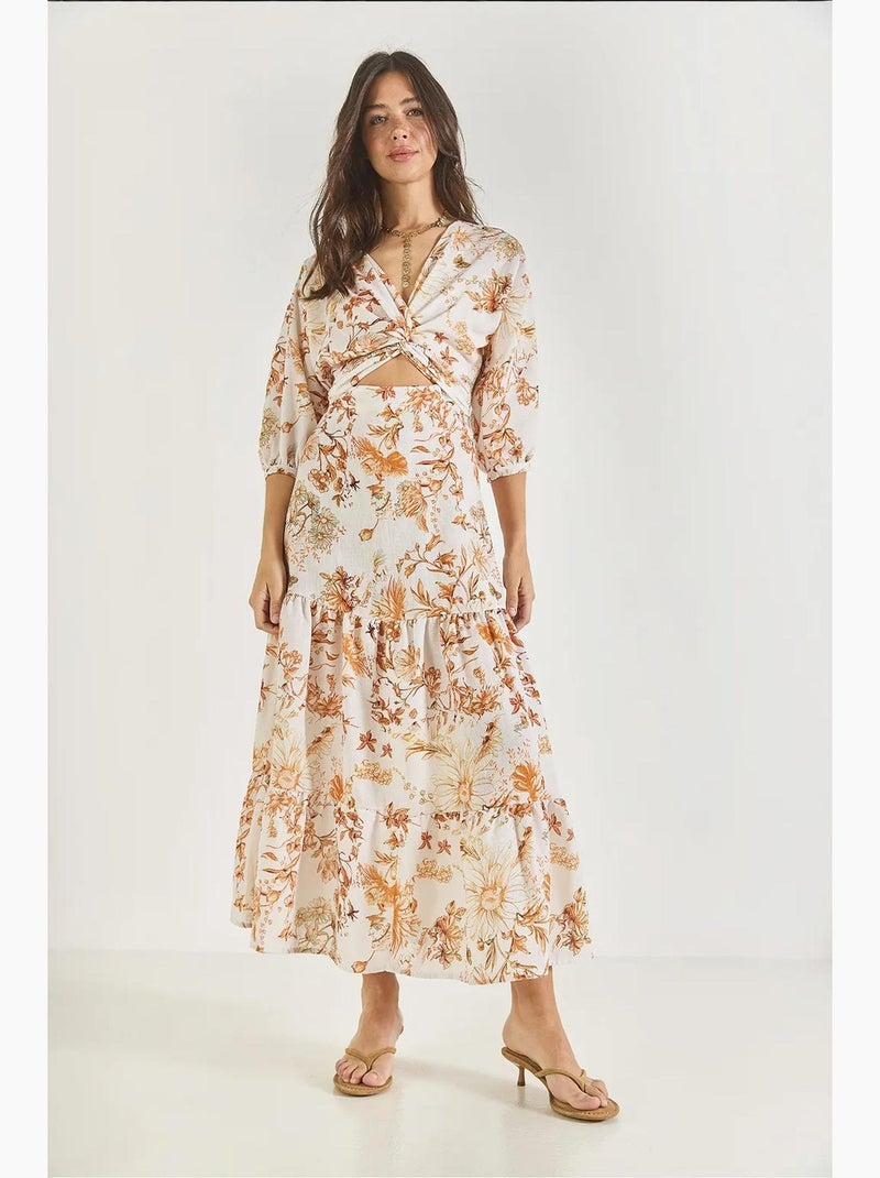Vestido comprido de linho estampado com detalhes de janela lucci Laranja-mandarina - Kiabi