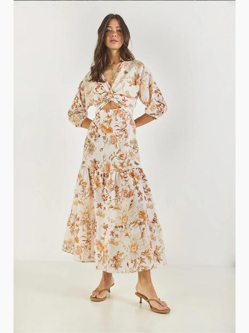 Vestido comprido de linho estampado com detalhes de janela lucci Laranja-mandarina - Kiabi