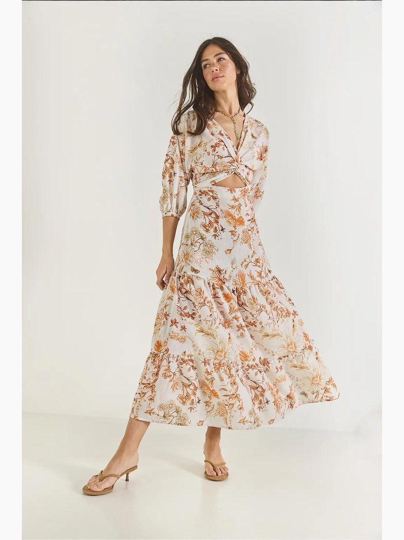 Vestido comprido de linho estampado com detalhes de janela lucci Laranja-mandarina - Kiabi