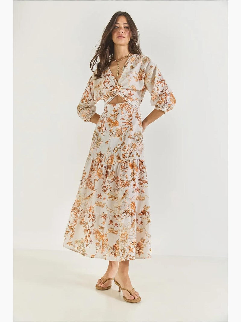 Vestido comprido de linho estampado com detalhes de janela lucci Laranja-mandarina - Kiabi