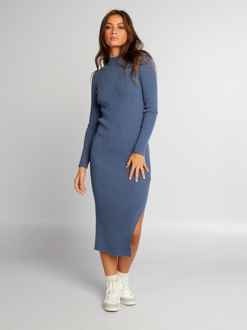 Vestido comprido de malha canelada AZUL - Kiabi
