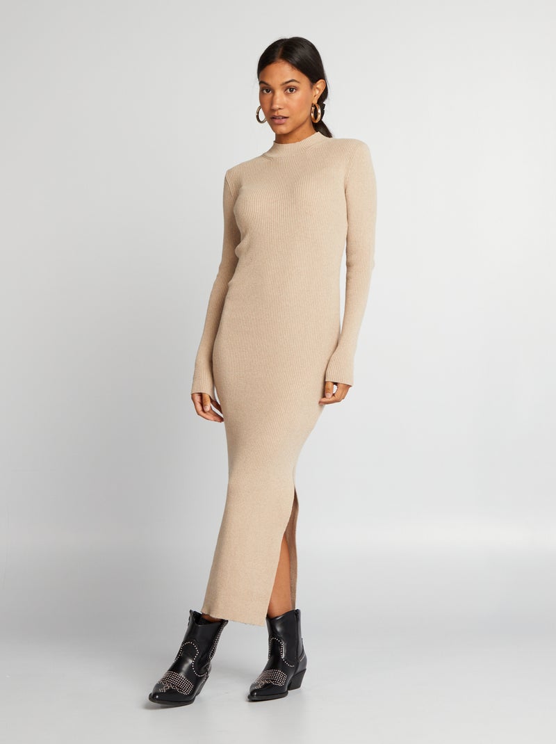 Vestido comprido de malha canelada BEGE - Kiabi