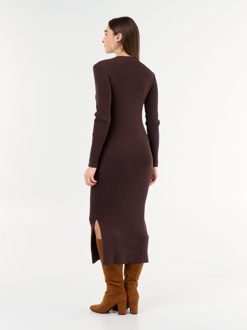 Vestido comprido de malha canelada Castanho - Kiabi