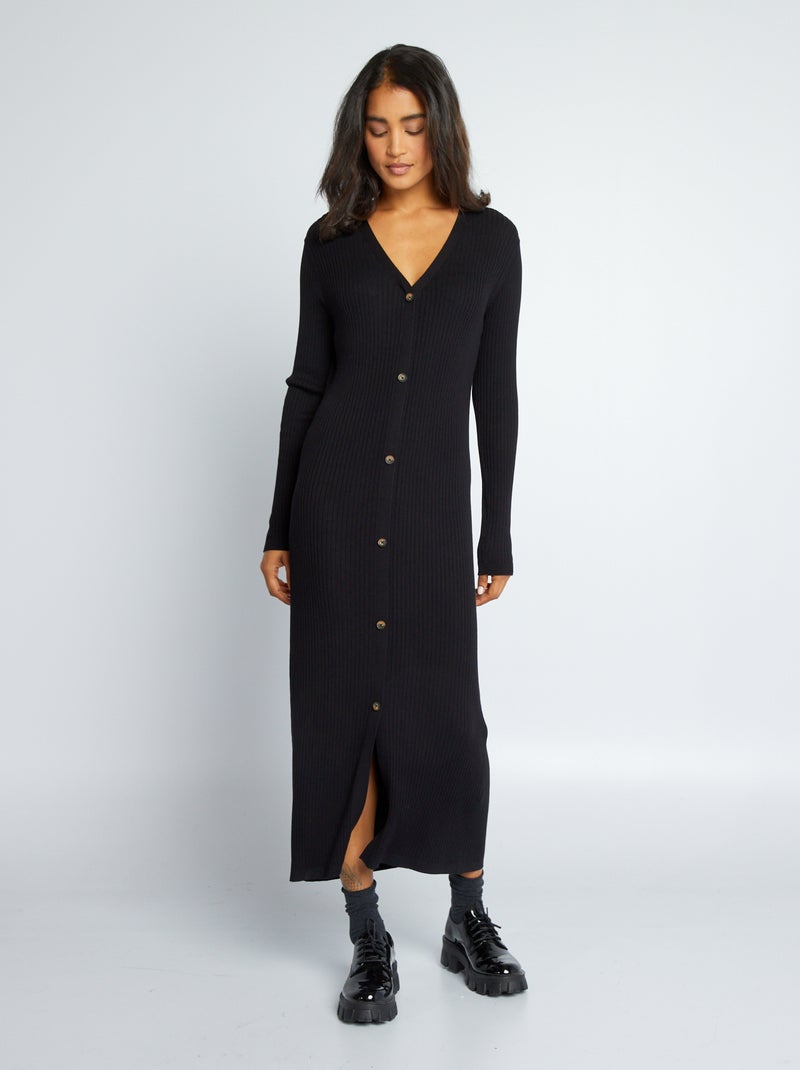 Vestido comprido de malha canelada Preto - Kiabi