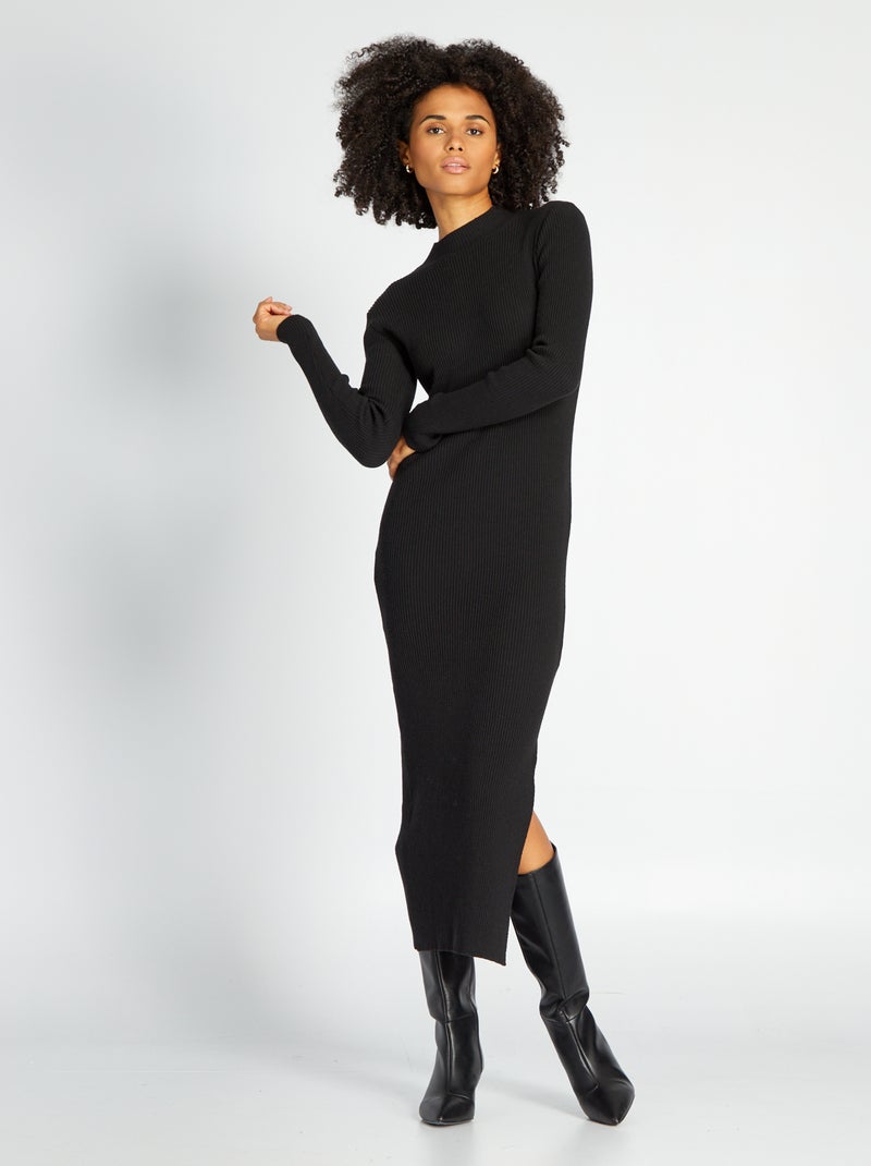 Vestido comprido de malha canelada Preto - Kiabi