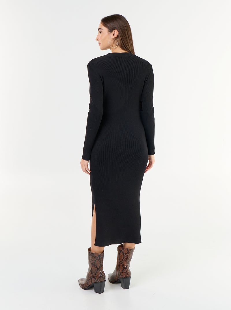 Vestido comprido de malha canelada Preto - Kiabi