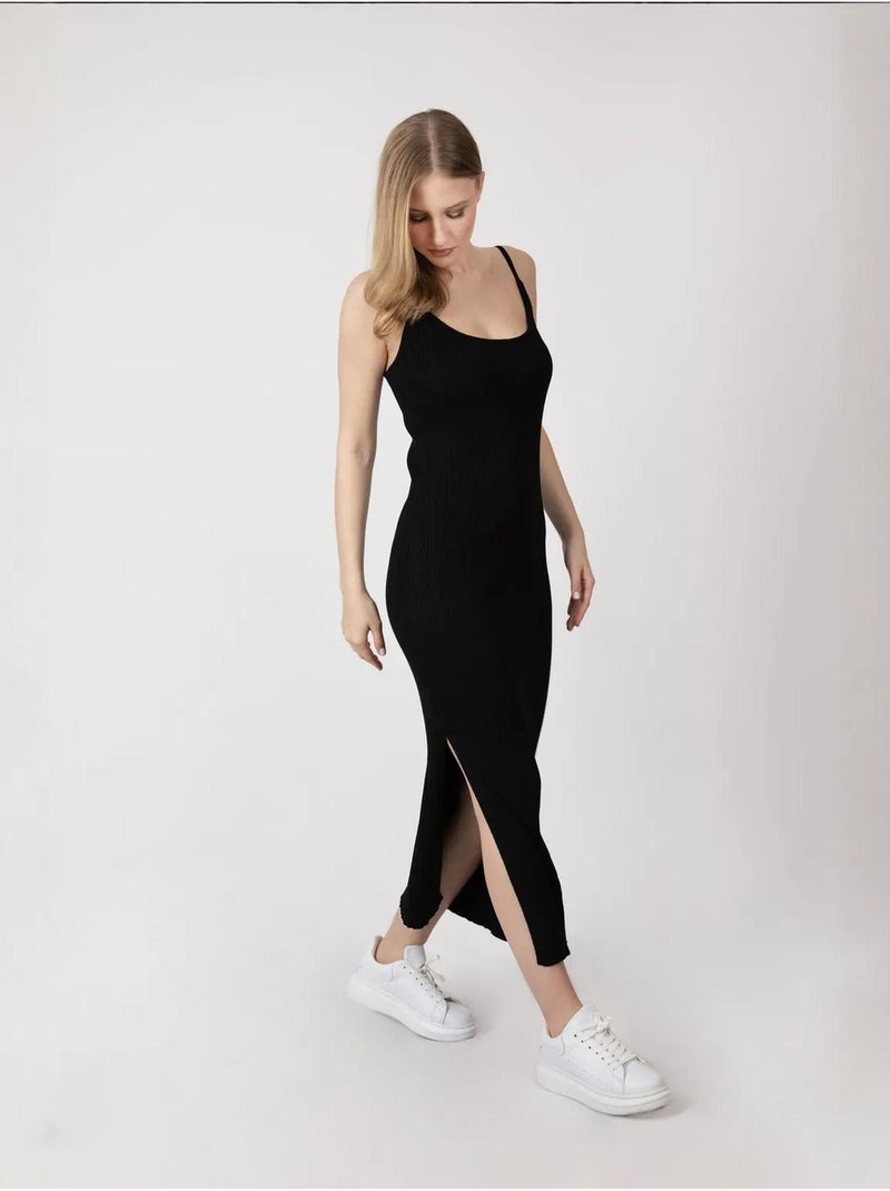 Vestido comprido de malha com decote redondo e alças hiccup Preto - Kiabi