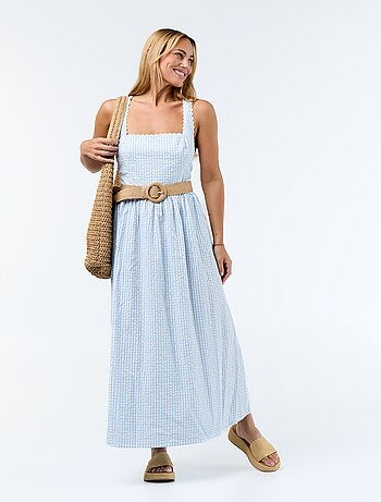 Vestido comprido de malha waffle com alças cruzadas