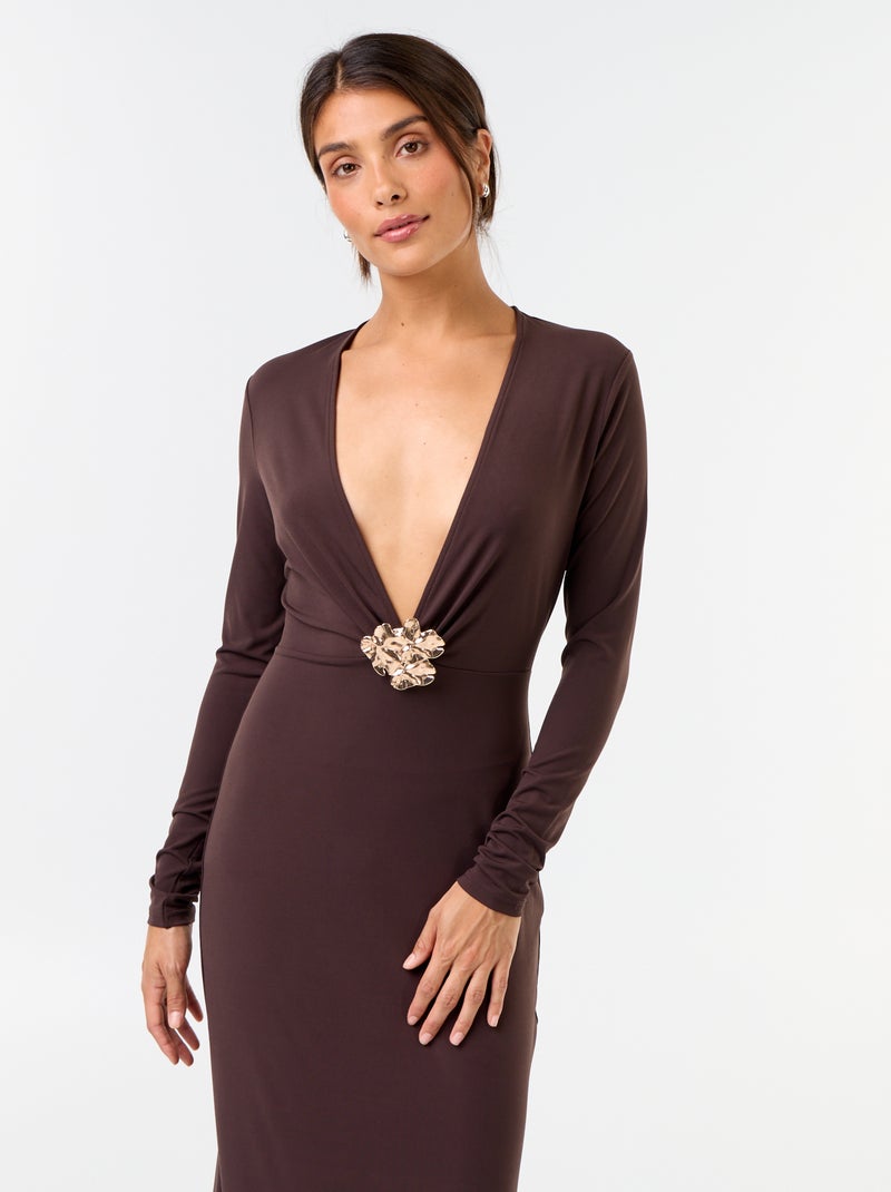 Vestido comprido de manga comprida com joia fantasia Castanho - Kiabi