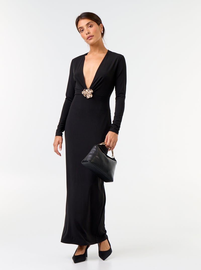 Vestido comprido de manga comprida com joia fantasia Preto - Kiabi