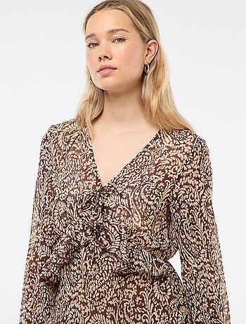 Vestido comprido de manga comprida com padrão e folhos