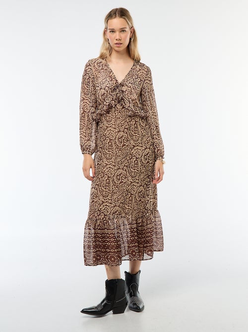 Vestido comprido de manga comprida com padrão e folhos - Kiabi