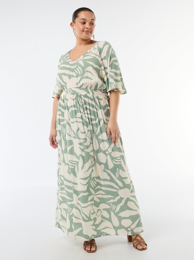 Vestido comprido de manga curta em material crepe Verde - Kiabi
