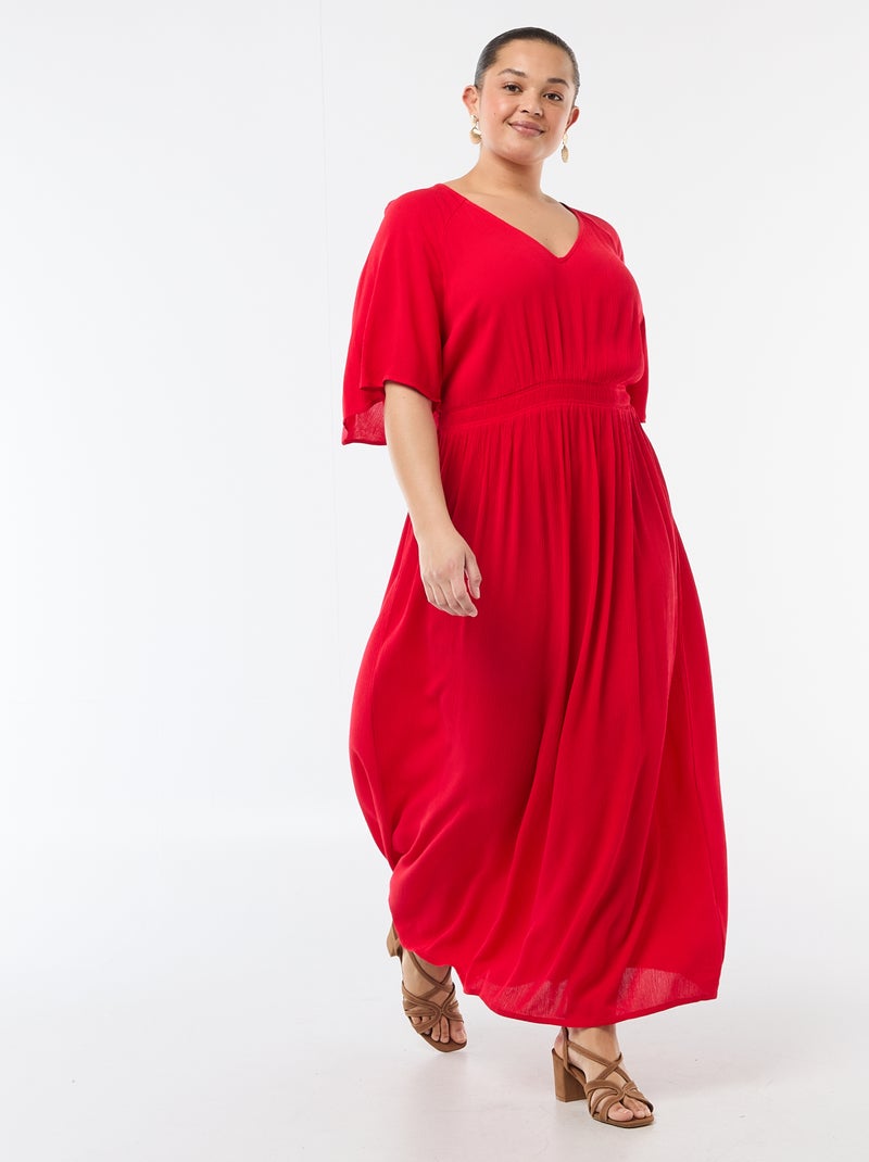 Vestido comprido de manga curta em material crepe Vermelho - Kiabi
