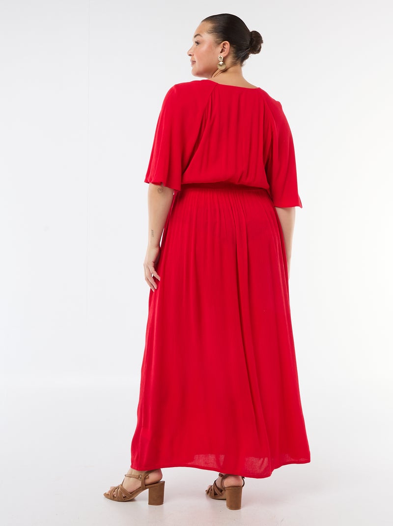 Vestido comprido de manga curta em material crepe Vermelho - Kiabi