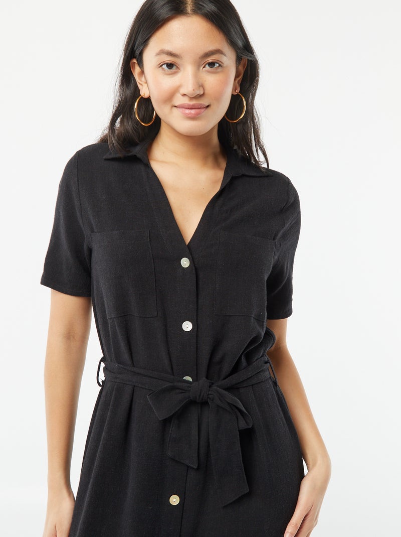 Vestido comprido de manga curta em mistura de linho Preto - Kiabi