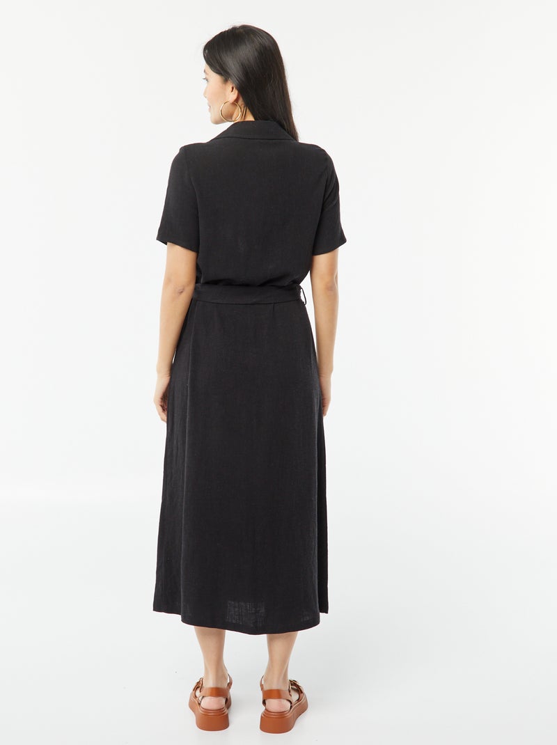 Vestido comprido de manga curta em mistura de linho Preto - Kiabi