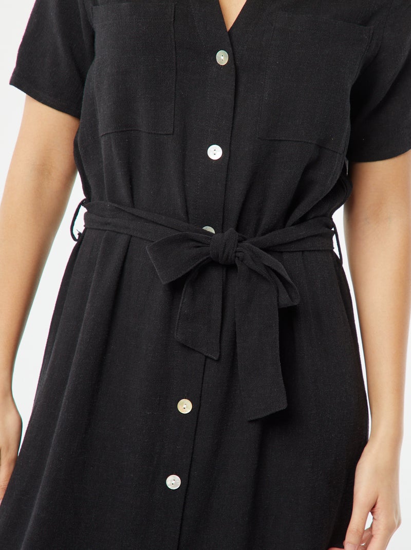 Vestido comprido de manga curta em mistura de linho Preto - Kiabi