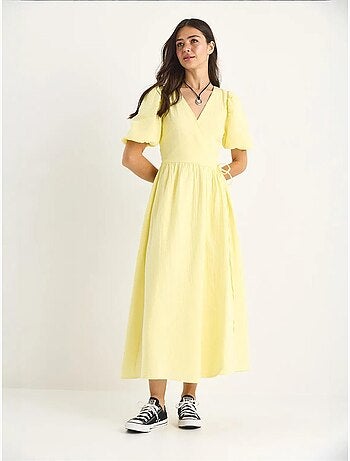 Vestido comprido de musselina com fecho cruzado e mangas abalonadas lucci