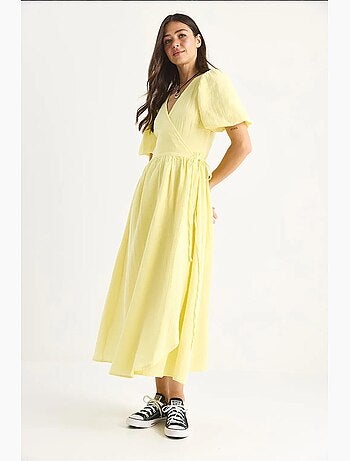 Vestido comprido de musselina com fecho cruzado e mangas abalonadas lucci