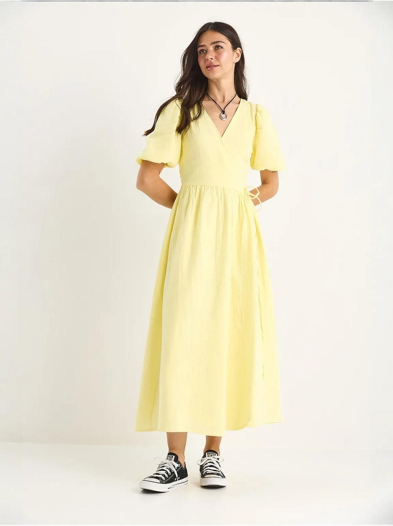 Vestido comprido de musselina com fecho cruzado e mangas abalonadas lucci Amarelo-limão - Kiabi