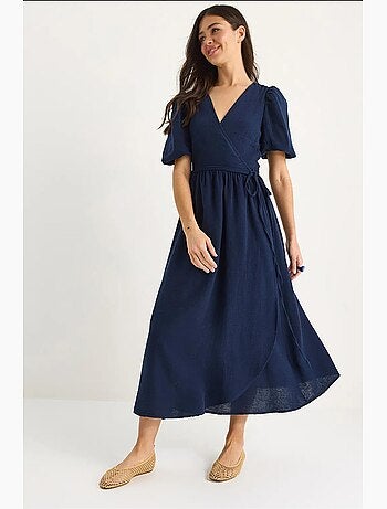 Vestido comprido de musselina com fecho cruzado e mangas abalonadas lucci