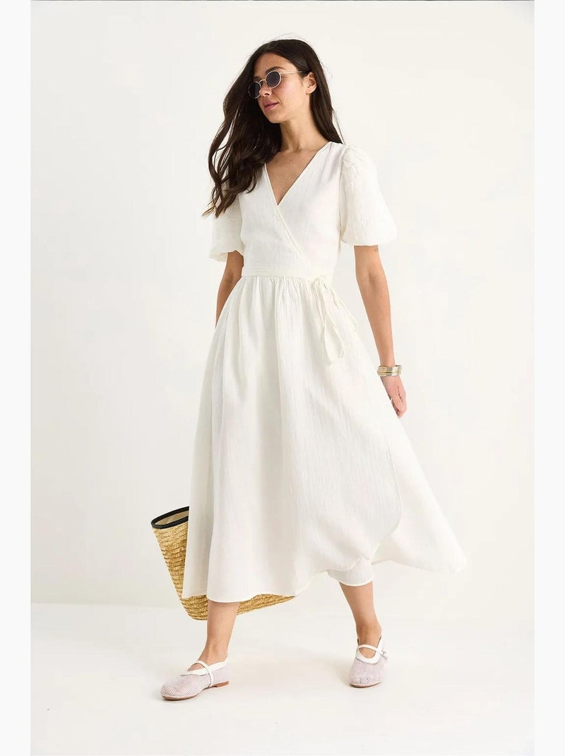 Vestido comprido de musselina com fecho cruzado e mangas abalonadas lucci Branco - Kiabi