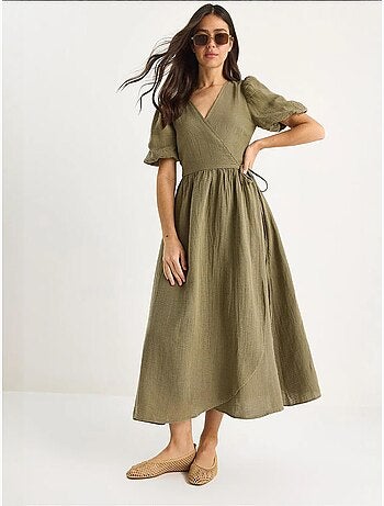 Vestido comprido de musselina com fecho cruzado e mangas abalonadas lucci