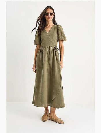 Vestido comprido de musselina com fecho cruzado e mangas abalonadas lucci