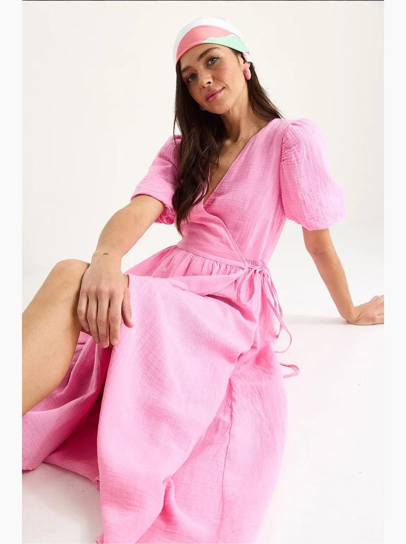 Vestido comprido de musselina com fecho cruzado e mangas abalonadas lucci Rosa-fluo/Solinotes - Kiabi